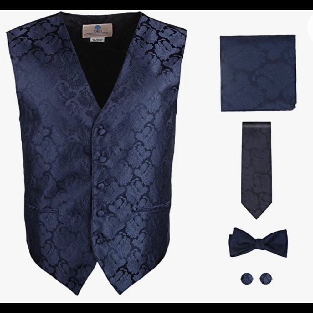 Prom Wedding Navy vest, long tie, bow tie, pocket square, cuff links.